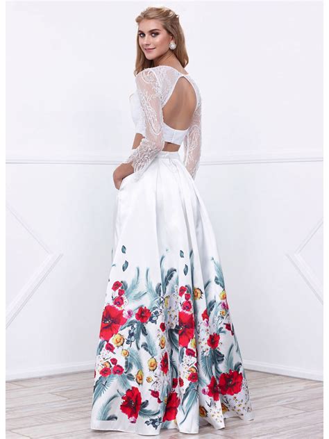 Black And White Floral Two Piece Prom Dress