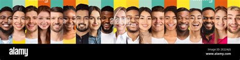 Row Of Multiple People Faces In Collage On Colorful Backgrounds Stock
