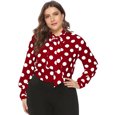 Women Blouses Plus Size Polka Dot Print Long Sleeve Office Lady Blouse