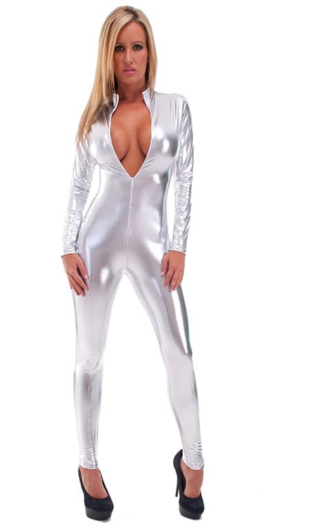 Front Zipper Catsuit Bodysuit In Liquid Silver