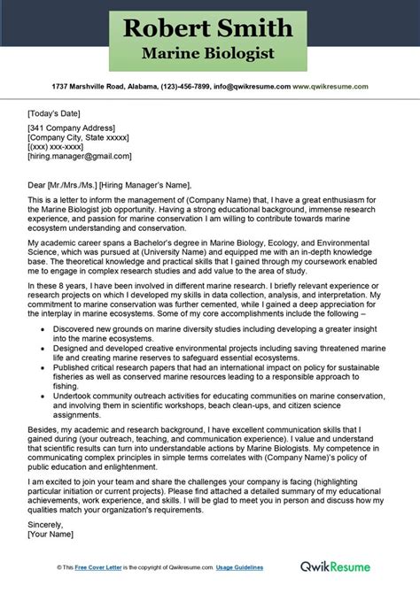 Marine Biologist Cover Letter Examples Qwikresume