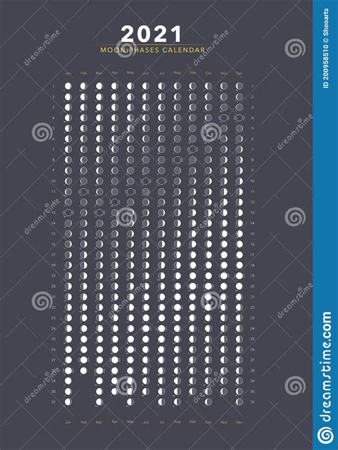 2021 Moon Phases Calendar White Astronomy Vector Chart Stock Vector