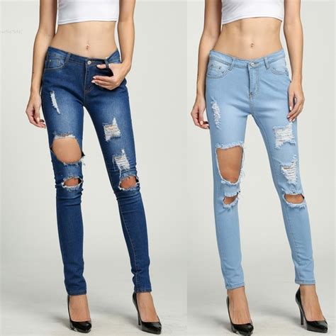 Womens Ladies Skinny Faded Ripped Casual Slim Fit Cool Denim Cotton Jeans Skinny Faded Ripped