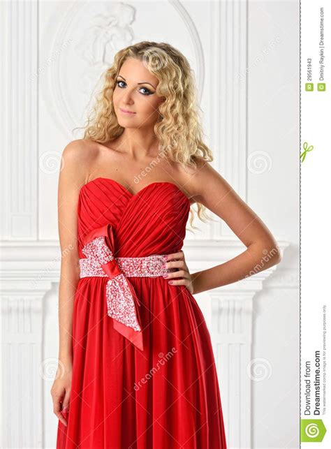 Beautiful Blonde Woman In Red Dress Stock Image Image