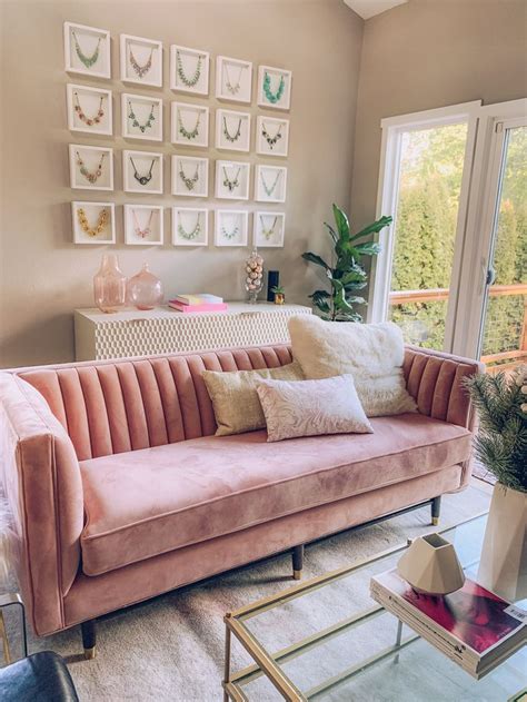pink living room with text overlay that reads blush pink living room chic and modern