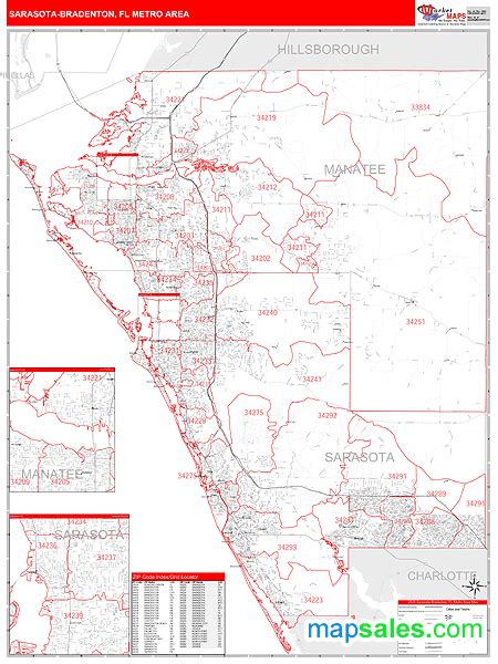 Sarasota Bradenton Fl Metro Area Zip Code Wall Map Red Line Style By