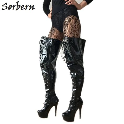 Sorbern Lace Up Med Thigh High Women Boot Custom Calf Size Black Heel Boots Sexy Fetish High