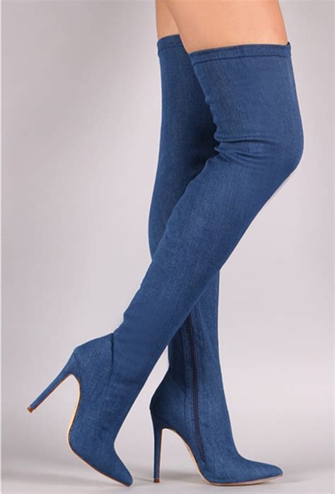 Hot Selling Denim Blue Stretch Fabric Thigh High Boots Sexy Pointed Toe High Heel Boots For