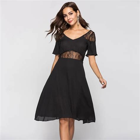 New Arrival 2018 Summer Dress Women Lace Patchwork Sexy Dress Black Short Sleeve Chiffon Dress
