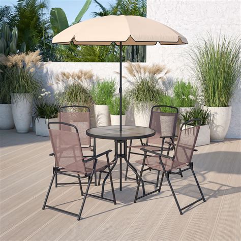 Flash Furniture 6 Piece Brown Patio Garden Set With Umbrella Table And