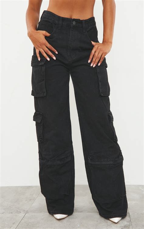 Washed Black Cargo Pocket Detail Wide Leg Jeans Prettylittlething Ca
