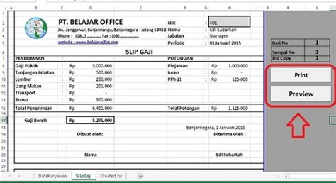 Contoh slip gaji karyawan swasta lengkap beserta format via www.lahiya.com. Membuat Tombol Print Otomatis Pada Slip Gaji Excel