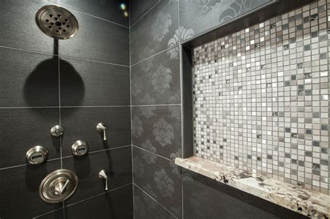 In real world, nothing is perfectly aligned. Textured tile in black and white bathroom - Traditional ...