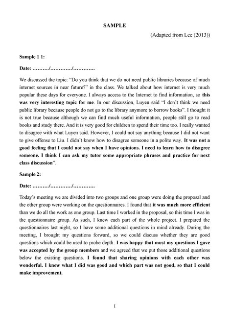 Journal Writing Sample Sample Adapted From Lee 2013 Sample 1 1