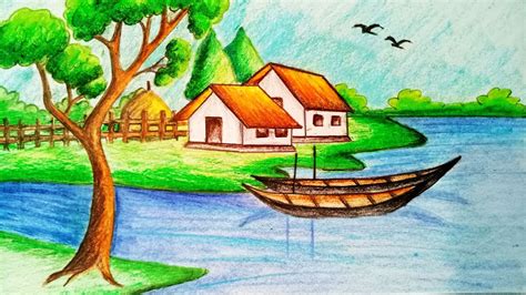 Colored pencils video standard printable step by step. How to draw Riverside Village Scenery.Step by step(easy ...
