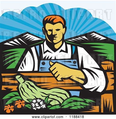 Vector Clip Art Of Retro Woodcut Male Organic Farmer With Produce