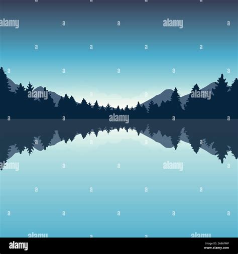 Beautiful Lake And Blue Pine Forest Nature Landscape Vector