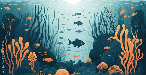 Underwater Minimalistic Flat Design Landscape Illustration Image For
