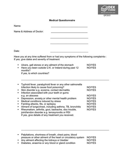 Free Medical Questionnaire Template Printable Templates