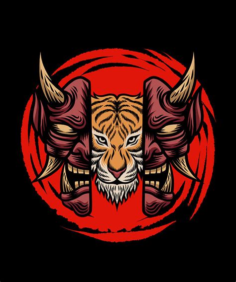 Japanese Red Demon With Tiger Head Mixed Media By Norman W Pixels