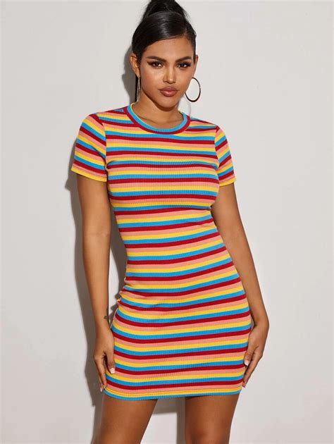 Ribbed Striped Mini Bodycon Dress Shein Usa In 2020 Bodycon Dress