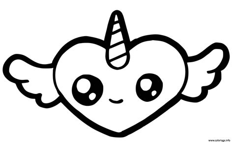 En ligne ou à imprimer, le dessin et le coloriage licorne ont toujours autant de succès auprès des enfants. Coloriage licorne coeur cute kawaii avec des ailes - JeColorie.com
