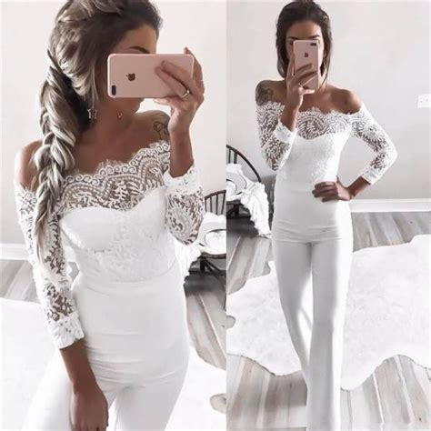 fashion word collar off the shoulder lace stitching jumpsuit white