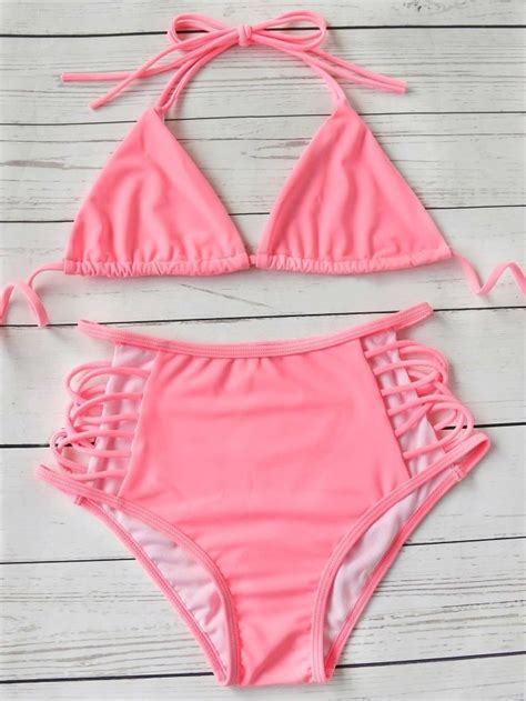 Pink Ladder Cutout Triangle High Waist Bikini Set