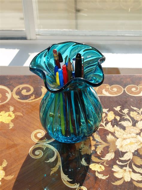 Blue Art Glass Vase Blue Flower Vase Teal Glass Vase Hand Etsy