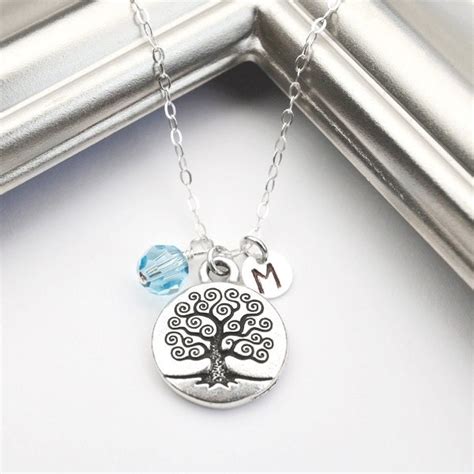 Personalized Birthstone Necklace Silver Tree Of Life
