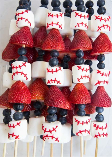 Baseball Fruit Skewers With Marshmallows Strawberries And Blueberries