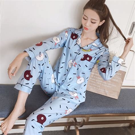 2019 New Spring Autumn Women Pajamas Set Spring Cute Winter Polyester Sleepwear Cartoon Casual