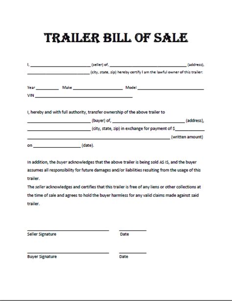 Trailer Bill Of Sale Template Business