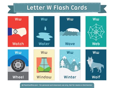 Encourage your child to learn letter sounds by practicing saying the name of the picture and tracing the uppercase and lowercase letter r in this printable worksheet. Printable Letter W Flash Cards