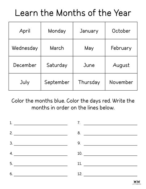 Months Of The Year Worksheets And Printables Printabulls Months In A