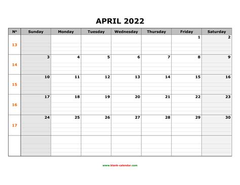 Calendar 2022 Printable April