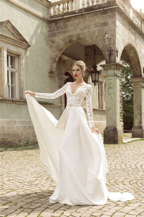 elegant v neck long sleeve with beading chiffon white lace wedding dress 2474425 weddbook