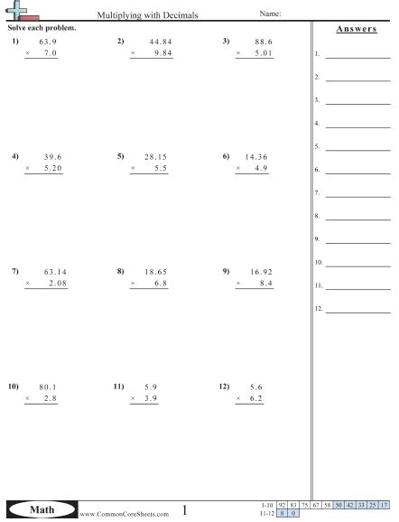 This decimals worksheet may be configured for 1 or 2 digits on the right of the decimal and up to 2 digits on the left of the decimal. Multiplying Decimals Worksheets | 99Worksheets