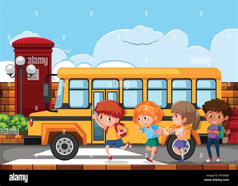 Children Running To Get On The School Bus Illustration Stock Vector