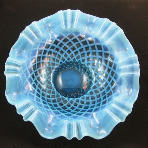 Antique Dugan Blue Opal Bubble Lattice Opalescent Glass Bowl Carnival