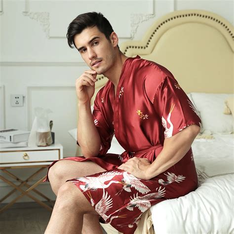 Men Short Silk Kimono Robe Silk Crane Bathrobe Mens Silk Nightgown Sle