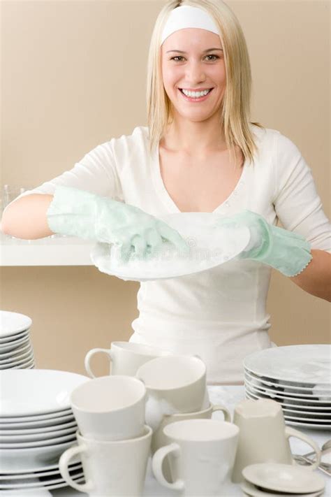 Modern Kitchen Happy Woman Washing Dishes Stock Photo Image Of