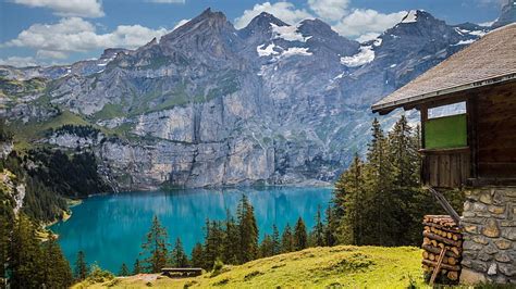 Hd Wallpaper Sky Kandersteg Oeschinensee Hut Cabin Swiss Alps