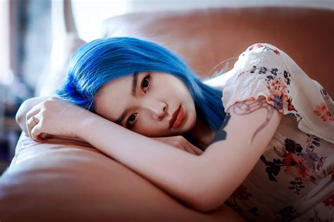Wallpaper Model Asian Blue Hair Dyed Hair Looking At Viewer