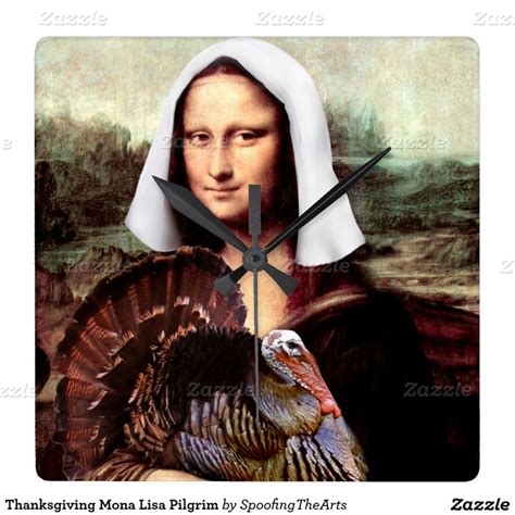 Thanksgiving Mona Lisa Pilgrim Square Wall Clock Mona