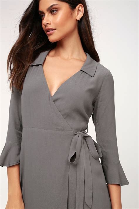 Cute Grey Dress Wrap Dress Flounce Sleeve Dress Lulus