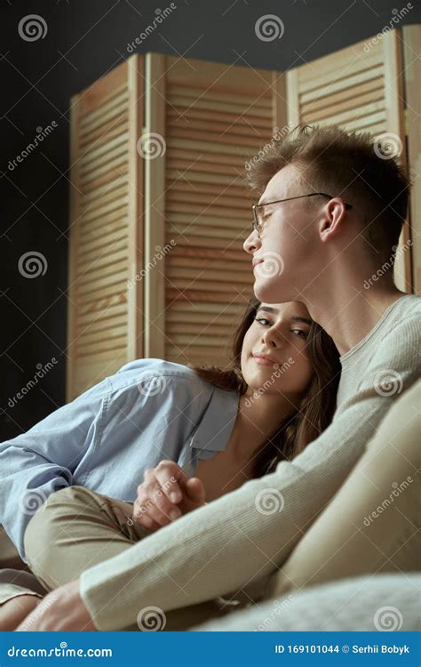 Smiling Young Couple Hugging On Bed Stock Photo Image Of Happy