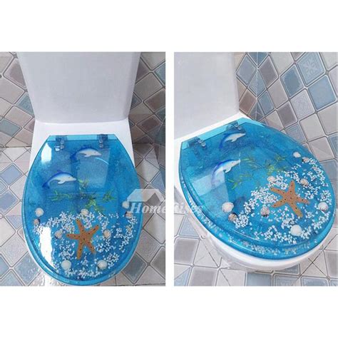 Blue Elongated Toilet Seat Seashell Resin Cushion Bathroom
