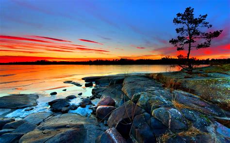 3840 x 2160 4k 9367. Sunset Rocky Shores The Sky With Red Cloud Sea Horizon ...