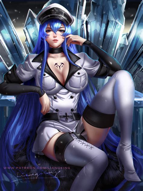 Akame Ga Kill Esdeath Anime Blue Hair Chair Long Hair Blue Background Blue Eyes Hd Wallpaper